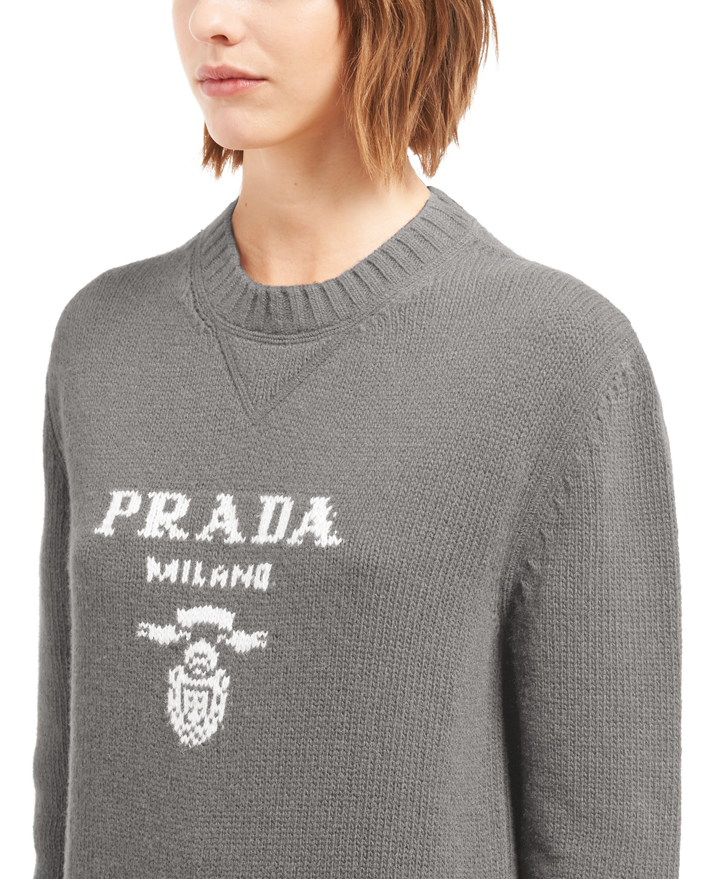 Prada Cashmere And Wool Prada Logo Crew-neck Sueter Gris | 16239-LTVS