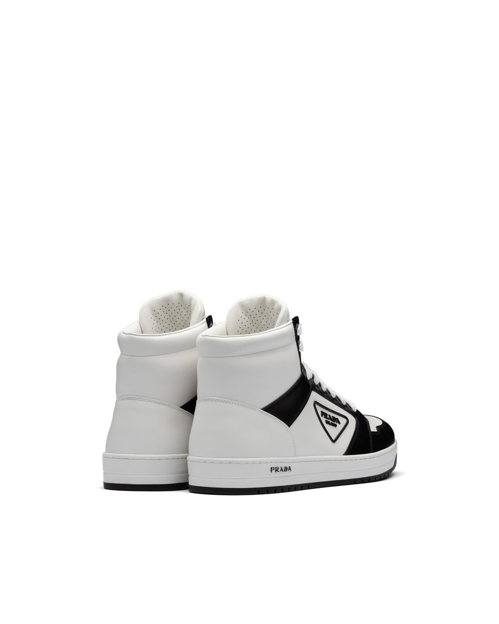 Prada District Cuero Sneakers Blancas Negras | 50379-AFMN