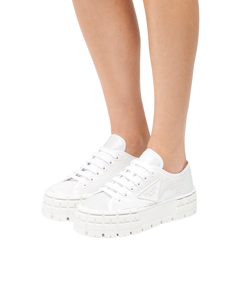 Prada Double Wheel Sequin Sneakers Blancas | 97602-UVWZ