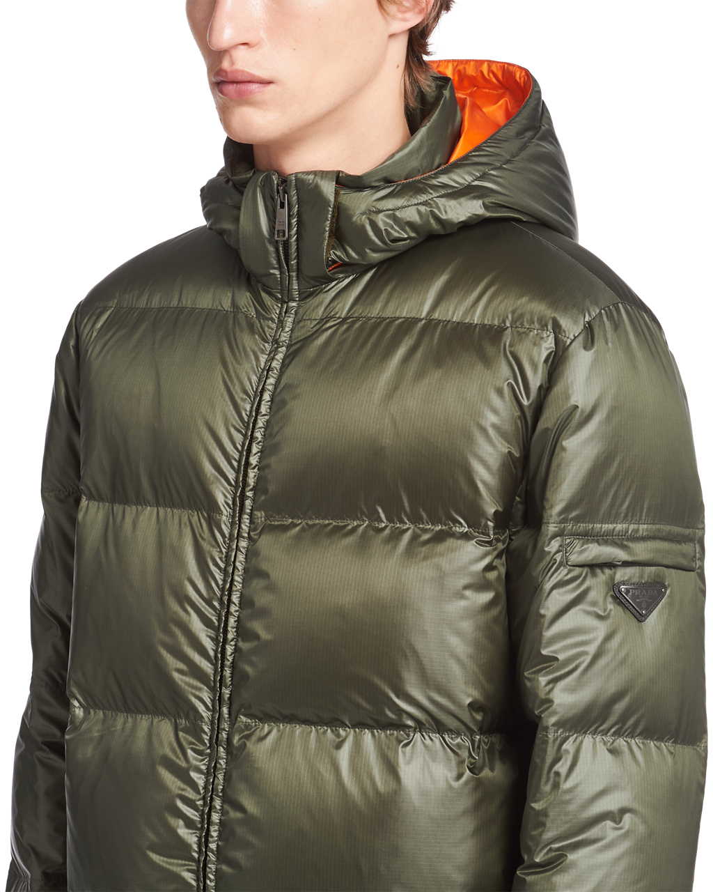 Prada Encapuchado Nylon Down Jacket Verde Naranjas | 20879-TKSA