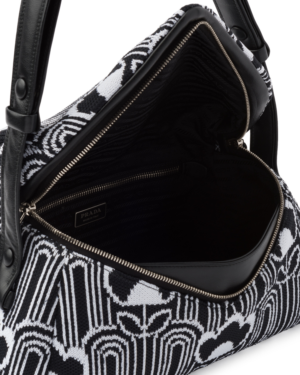 Prada Jacquard Knit And Cuero Prada Signaux Bag Negras Blancas | 31759-ROGZ