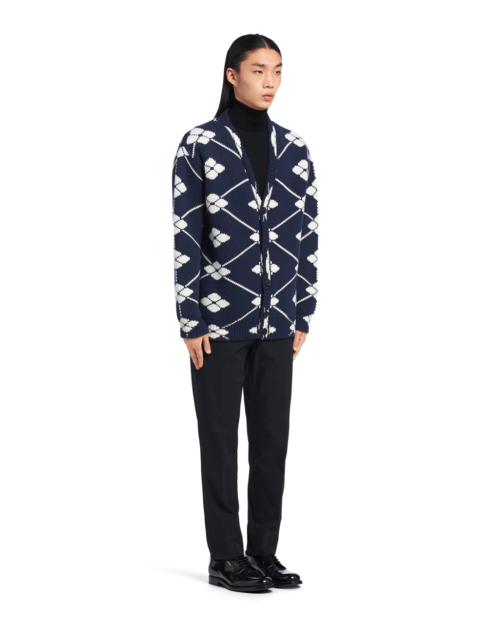 Prada Jacquard Wool And Cashmere Cardigan Azul Marino | 05317-KUCV