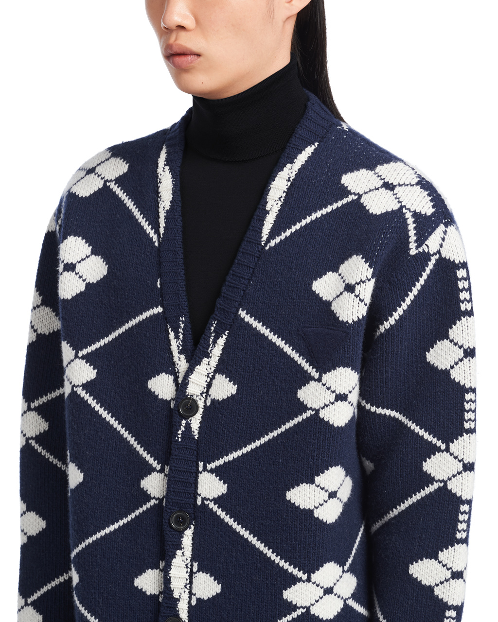 Prada Jacquard Wool And Cashmere Cardigan Azul Marino | 05317-KUCV