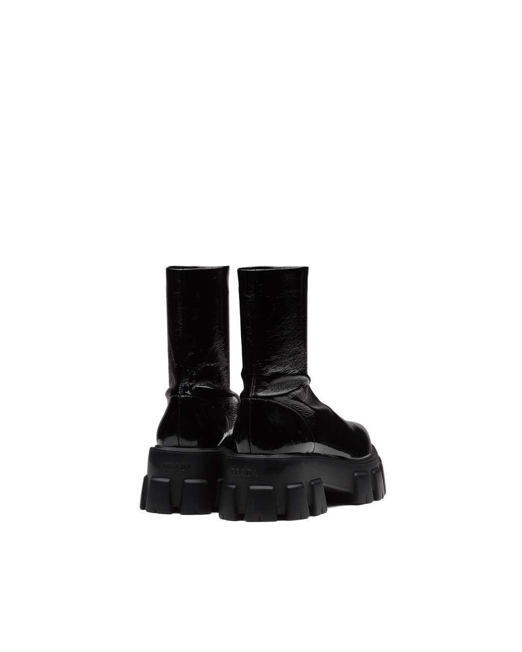 Prada Monolith Pointy Technical Charol Cuero Booties Negras | 92860-IUJS