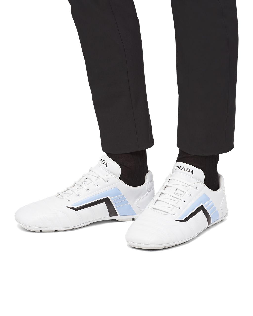 Prada Prada Rev Cuero Sneakers Blancas Azules Claro | 24019-PHYR