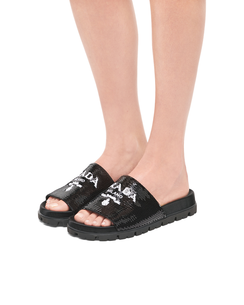 Prada Sequin Slides Negras Blancas | 53970-GYVH