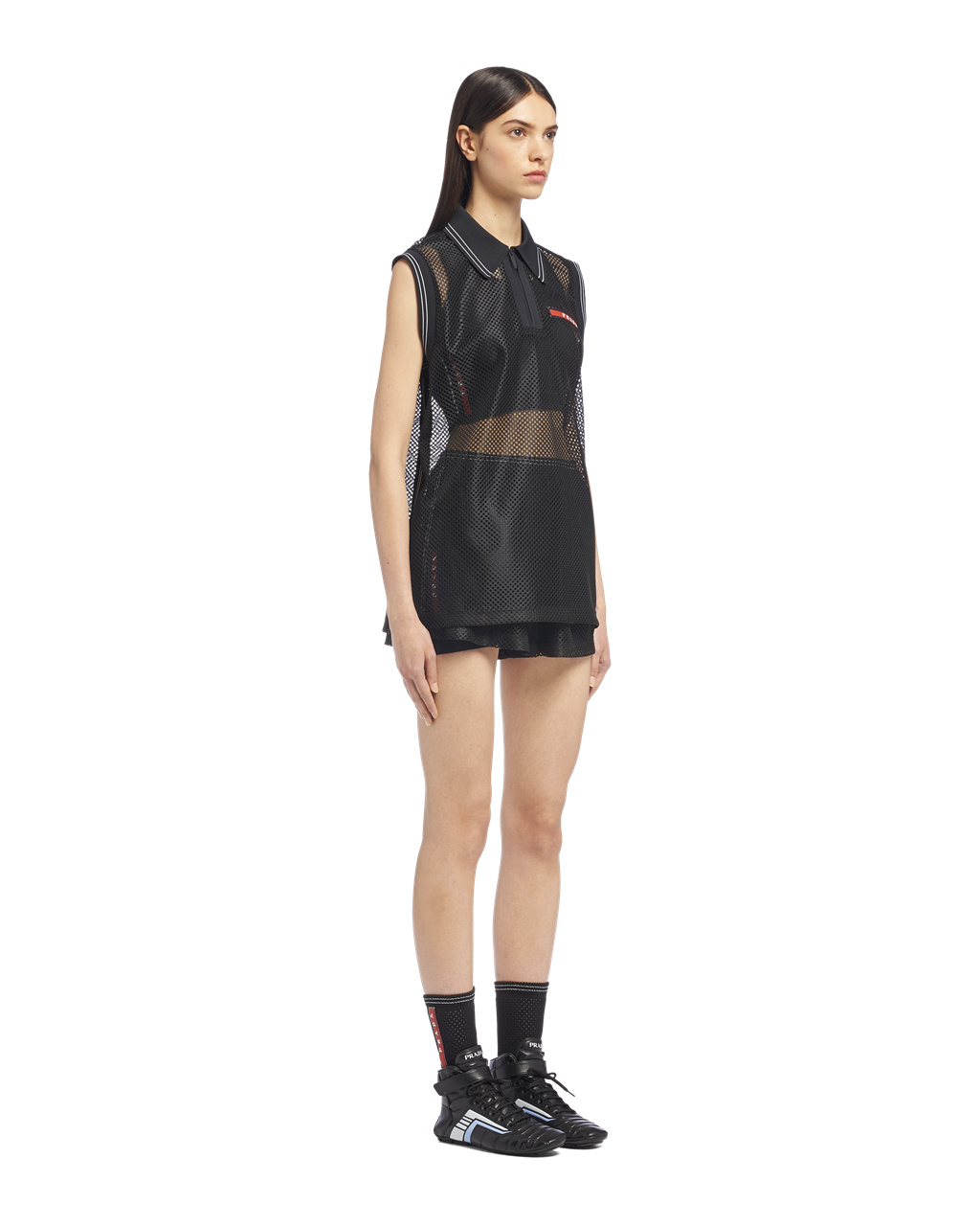 Prada Sin Manga Mesh Polo Shirt Negras | 14067-ODCS