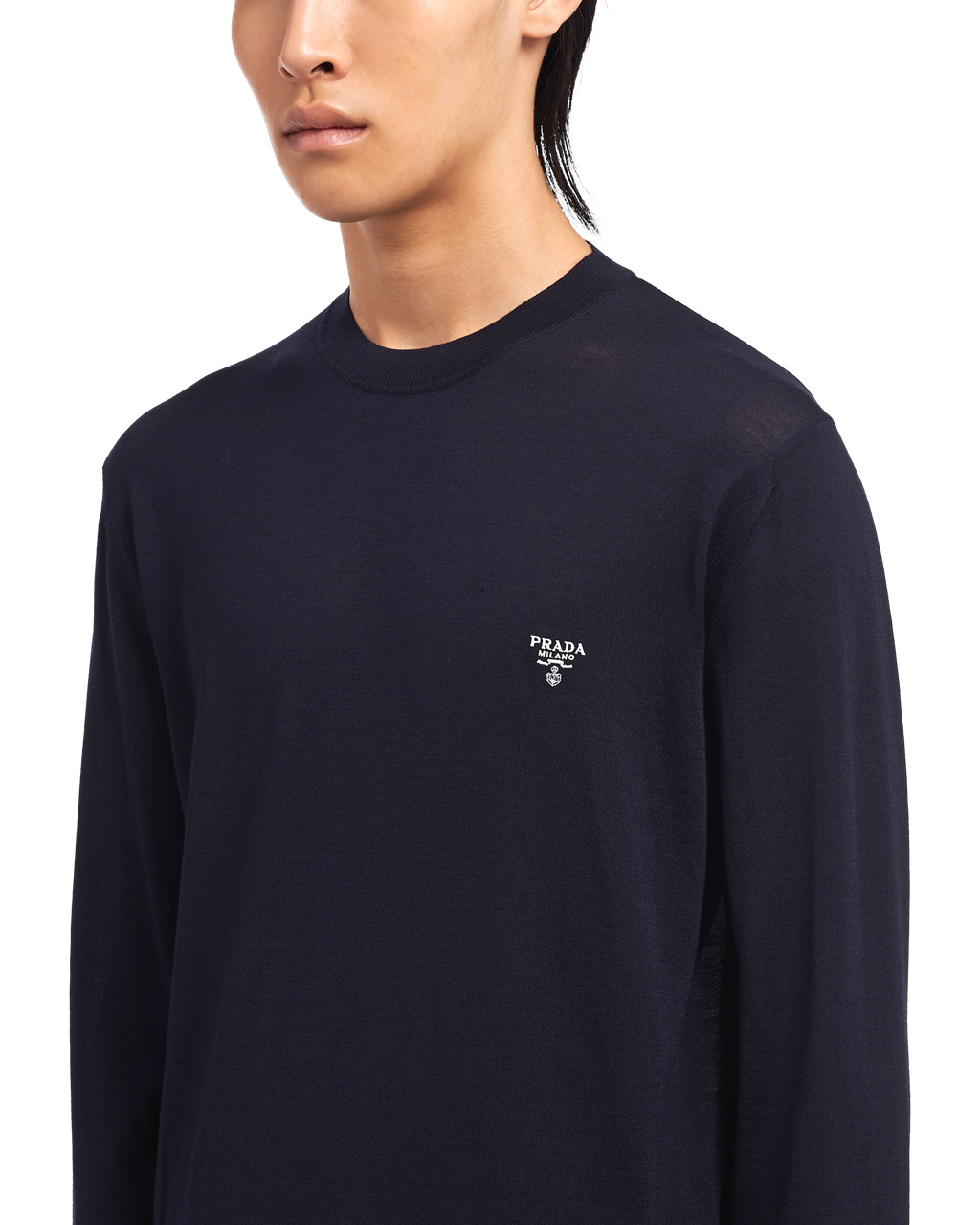 Prada Superfine Wool Crew-neck Sueter Azul Marino | 13960-JVCA